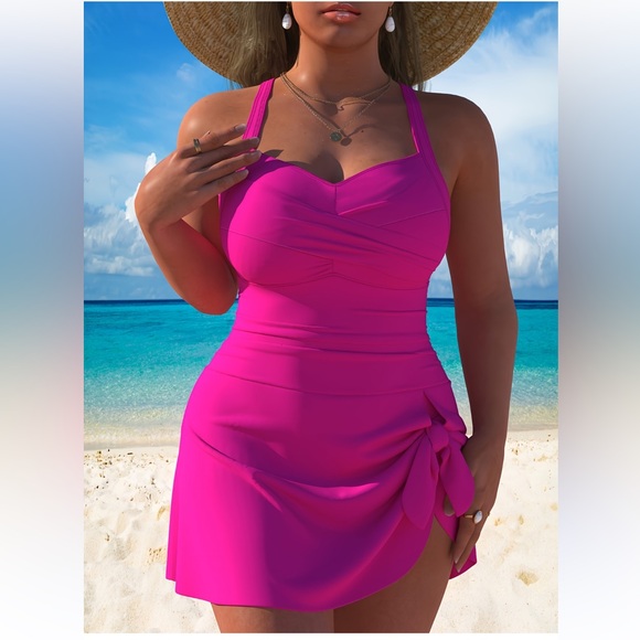 NEW 1 Piece Swimsuit Dress Vibrant Pink - Picture 1 of 5